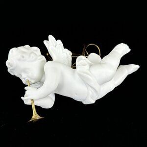 Vintage Porcelain Cherub Angel Hanging Figurine Gold Cord Brass Trumpet Ornament